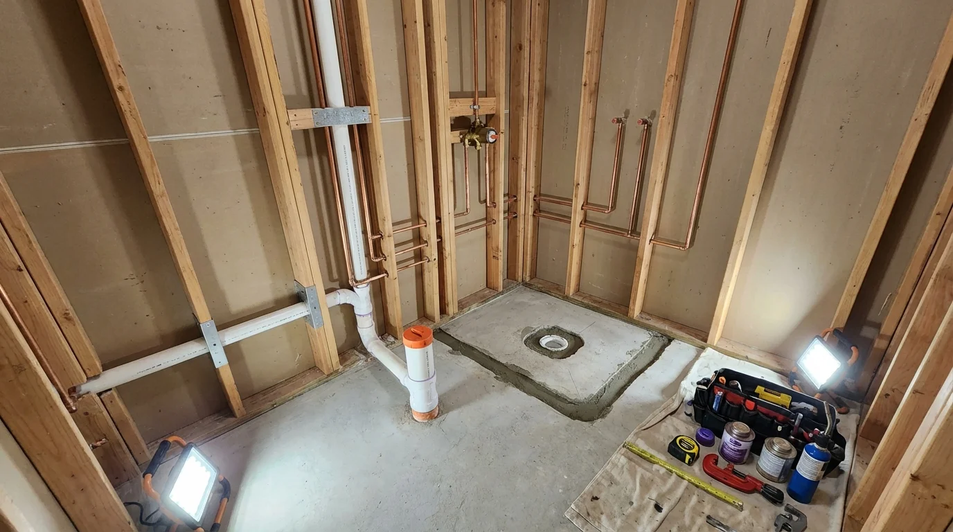 Bathroom rough-in plumbing during remodel by Johns Plumbing LLC in Leonardtown