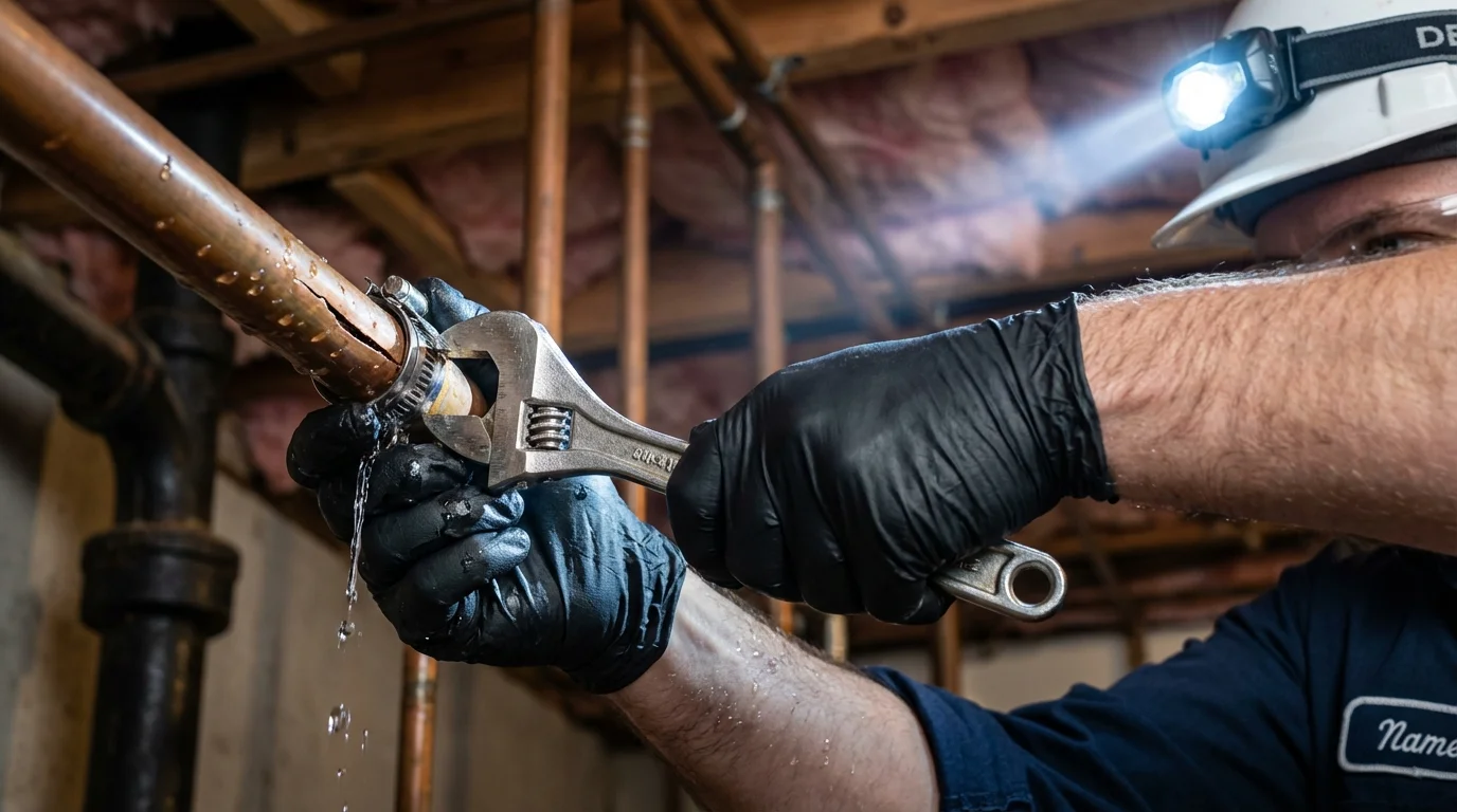 Emergency pipe clamp repair being performed by a Johns Plumbing LLC plumber in Leonardtown