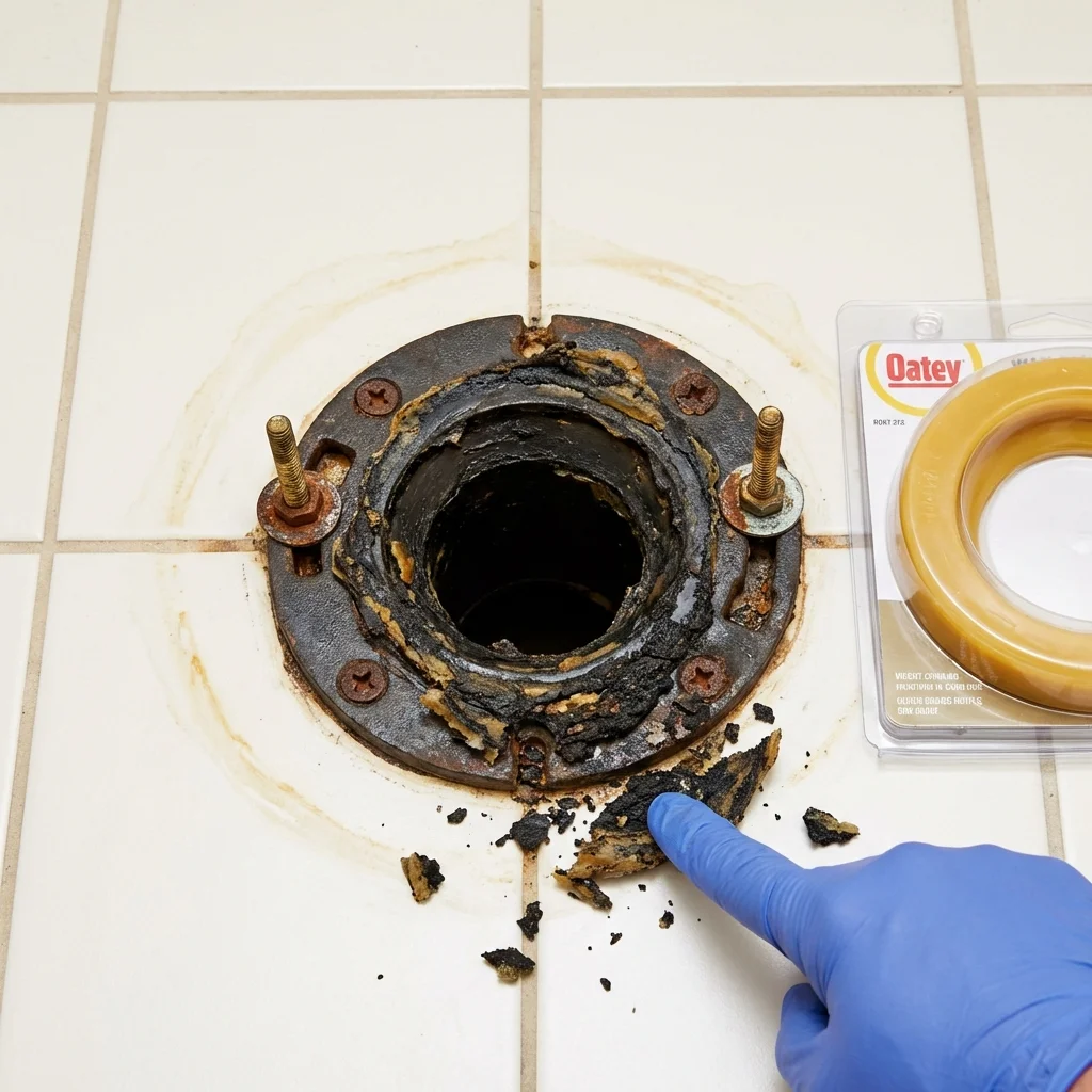 Failed wax ring showing water seepage at the base of a toilet in a Leonardtown, MD home